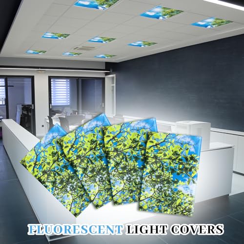 Image of VIHOSE 4 Pcs 2 x 2 Feet Fluorescent Light Covers for Ceiling Lights Classroom Magnetic Light Filters for Reducing Harsh Glare Flicker for Office Classroom Home Drop Ceiling(Sky Leaves)