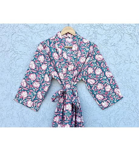Image of Hand block print Cotton Kimono bikini cover up,Indian Hand block print Cotton Bath Robe,Swim Wear,Nighrwere Dressing Gown