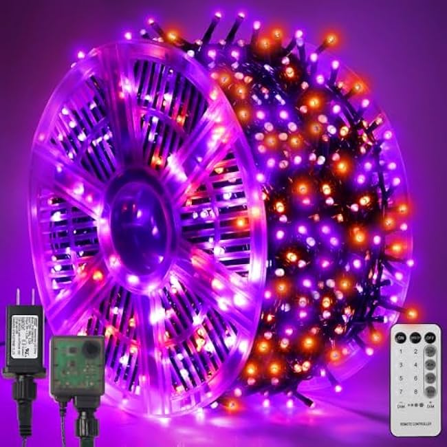 WATERGLIDE 1000 LED Halloween String Lights, 328 FT Green Wire LED Decorative Fairy Lights with Remote & 8 Modes, Waterproof for Outdoor Xmas Holiday Party Garden Wedding Home Decor, Orange & Purple