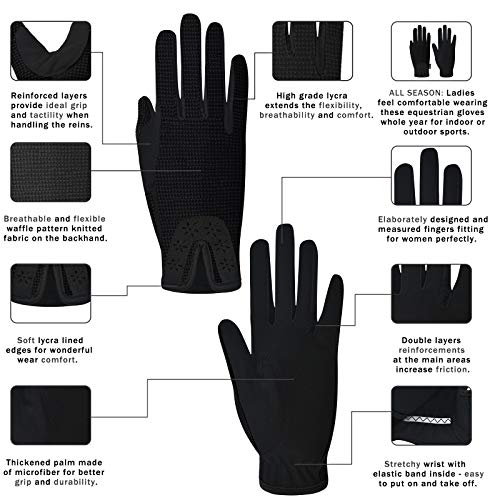 Chinfun Women Horse Riding Gloves Ladies Equestrian Gloves Anti-Slip Stretchable Sweat Absorbing Summer Winter Outdoor Sports Mittens Cycling Biking Driving Gardening Gloves Black Size M #TOP1