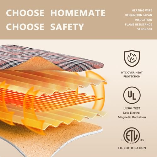 Homemate Electric Blanket Heated Throw - 50“x60“ Ultra Soft Cozy Flannel Heating Blanket with 10 Fast Heat Levels 8 Hours Auto Off Over-Heated Protection ETL Certification Keep Warm in Home Office