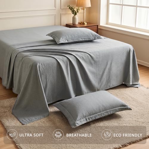 Image of LANE LINEN 400TC 100% Cotton Micro Check King Size Bedsheet - Silver | OEKO-Tex Certified, 108 x 108 Inch, Fits King & Double Size Bed, Breathable & Wrinkle-Free, Includes 2 Pillow Covers