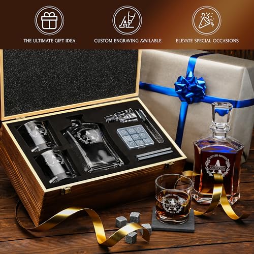 Personalized Whiskey Decanter and Stones Set - Customized Gift for Him - Men, Dad, Father - Engraved Old Fashioned Decanter, Glasses, 9 Granite Stones in Container, Coasters, Tongs in Wooden Gift Box - Image 5