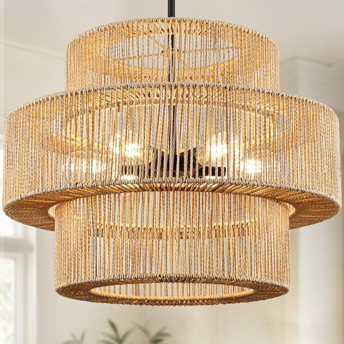 Image of Pavloatu 25.59" Large Hand-Woven Rattan Chandelier, 6-Lights Farmhouse Boho Chandelier Light Fixtures, Rustic Bamboo Wicker Chandeliers for Dining Room, Kitchen Island, Living Room, Stairway
