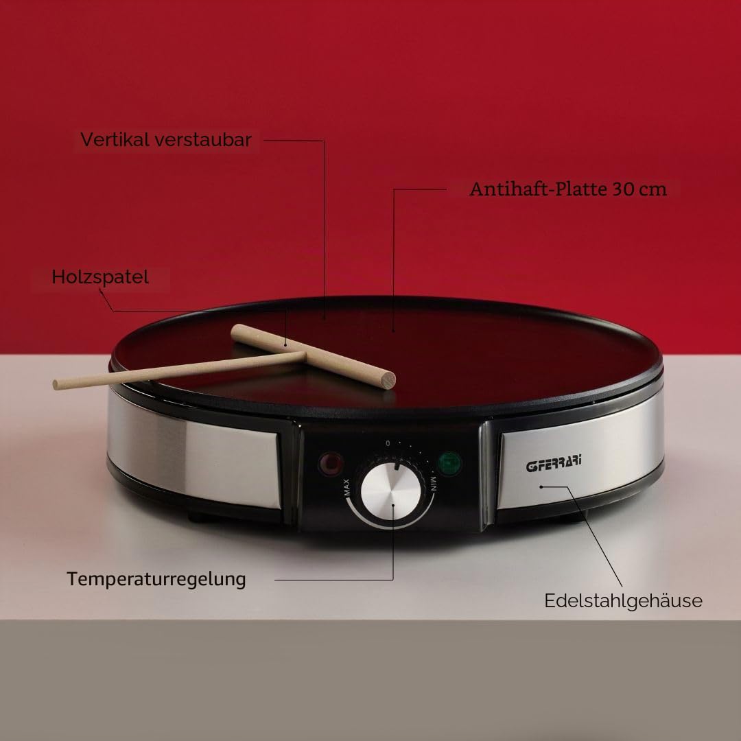G3 Ferrari G10098 Profi-Crêpes-Maker, 1200 W, 30 cm Edelstahlplatte, Antihaftbeschichtung, Temperaturregler, Holzspatel und Teigverteiler inklusive