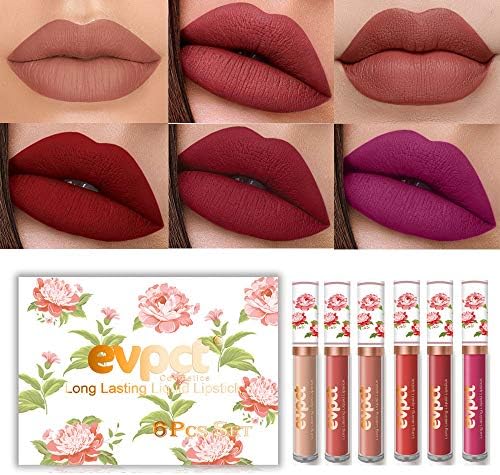 evpct 6Pcs Peony Flower Liquid Matte Lipstick Set,Dark Red Purple Matte Matt Permanent Lipsticks Lip Stain Set for Women Long Lasting Waterproof 24 Matt Liquid Lippies labiales matte larga duracion 24