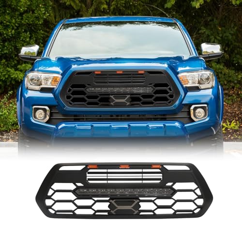2020 T-acoma Grill Front Hollow Grill fit for 2016 2017 2018 2019 2020 2021 2022 T-acoma Matte Black front bumper ABS grill with high-mount Amber LED Lights and LED Light