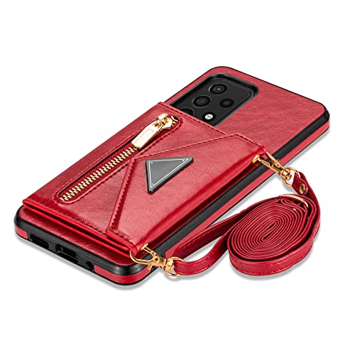 Étui bandoulière Samsung S21 cuir rouge housse fermeture éclair avec cordon amovible et porte-carte