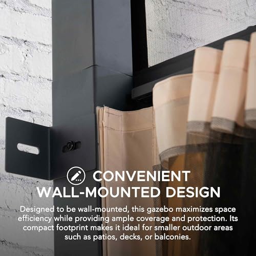 Sunjoy 12 x 14 ft Wall Mounted Gazebo with Powder Coated Steel Roof, Black Aluminum & Metal Frame Lean to Gazebo with Curtains and Netting - Image 5