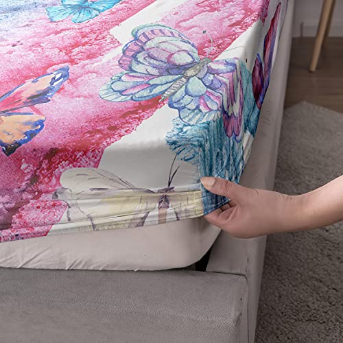 Ailonen Butterfly Fitted Sheet, Butterfly Bed Sheets For Kids Girls Teens,Queen Size Blue Purple Butterflies Printed Sheet Set,Bedsheets,Bedding Decor Set,1 Fitted Sheet And 2 Pillow Case,3 Piece #TOP1