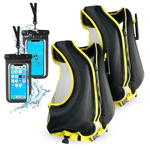 2 Inflatable Snorkel Vests for Adults with 2 Waterproof Phone Cases – Adjustable Snorkeling Vests – 68-220 lbs – Kayaking, Swimming, Paddle Boarding