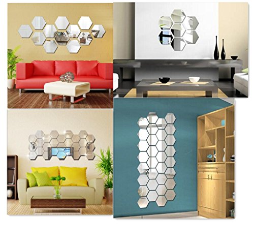Yusylvia 12Pcs Hexagonal 3D Acrylic Mirrors Wall Stickers Home Decor Living Room Diy Modern Art Mirror Wall Mural Decoration (Large, Silver) #TOP1