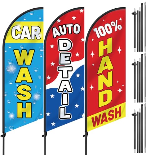 SmoothNovelty 3 Pcs Car Wash Sign Car Wash Flags Feather Flag Banner Auto Detail Hand Wash Sign Feather Advertising Flag with Pole Kit Weatherproof Polyester Flag for Business Advertising
