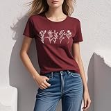 MIMOORN Women Floral Tee Summer Flower Casual Short Sleeve Wildflower Graphic T Shirt Wine Red XX-Large