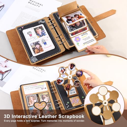 Handmade Genuine Leather Scrapbook Photo Album – DIY 3D Interactive Memory Book for Wedding, Baby, Family Photos (Travel, Anniversary, Birthday Gift)- Brown by Fasjosma - Image 2
