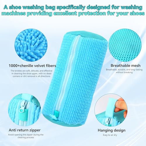 2 Pcs Shoe Washing Machine Bag,Reusable Laundry Shoe Washing Bag for Washer and Dryer,Shoe Cleaning Bag for Sneakers,Boots & Delicate Footwear,Include Pair of Adjustable Shoe Trees(Blue)2
