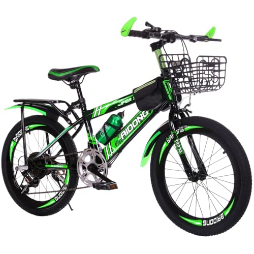 MORLU子供用自転車調節可能なシート 20/22/24インチ 子供用自転車男の子女の子 キッズバイクスポーツ カゴ付き 付きキック スタンド ハンド ブレーキ フェンダー 可変速度 誕生日プレゼントに最適 (ブラック&グリーン デラックスエディション +