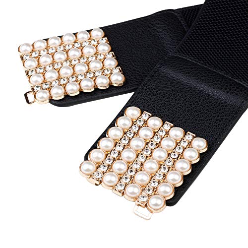 Women's Waistband Woven Elastic Dress Belt, Lace-up Cinch Belt With Rhinestone Pearl Buckle2