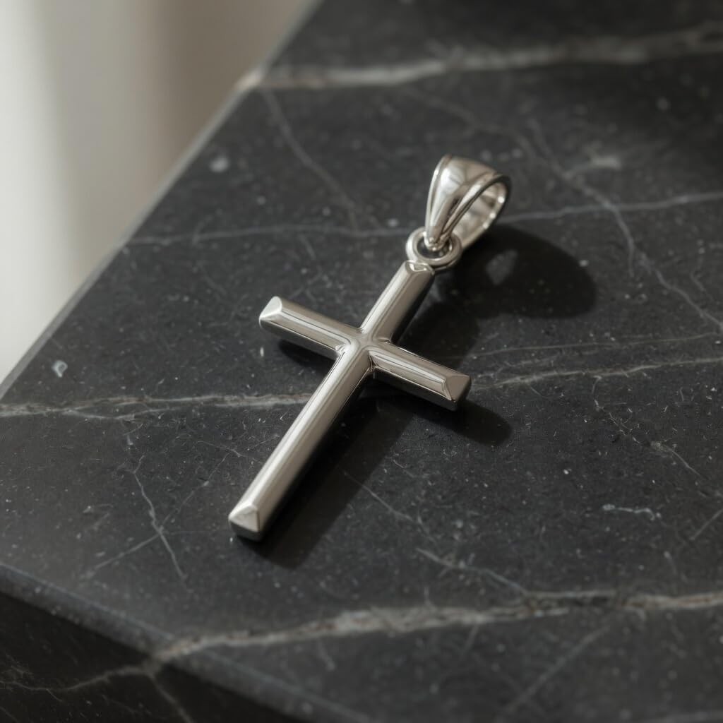 14k Real White Gold Shiny Round Tube Cross Pendant