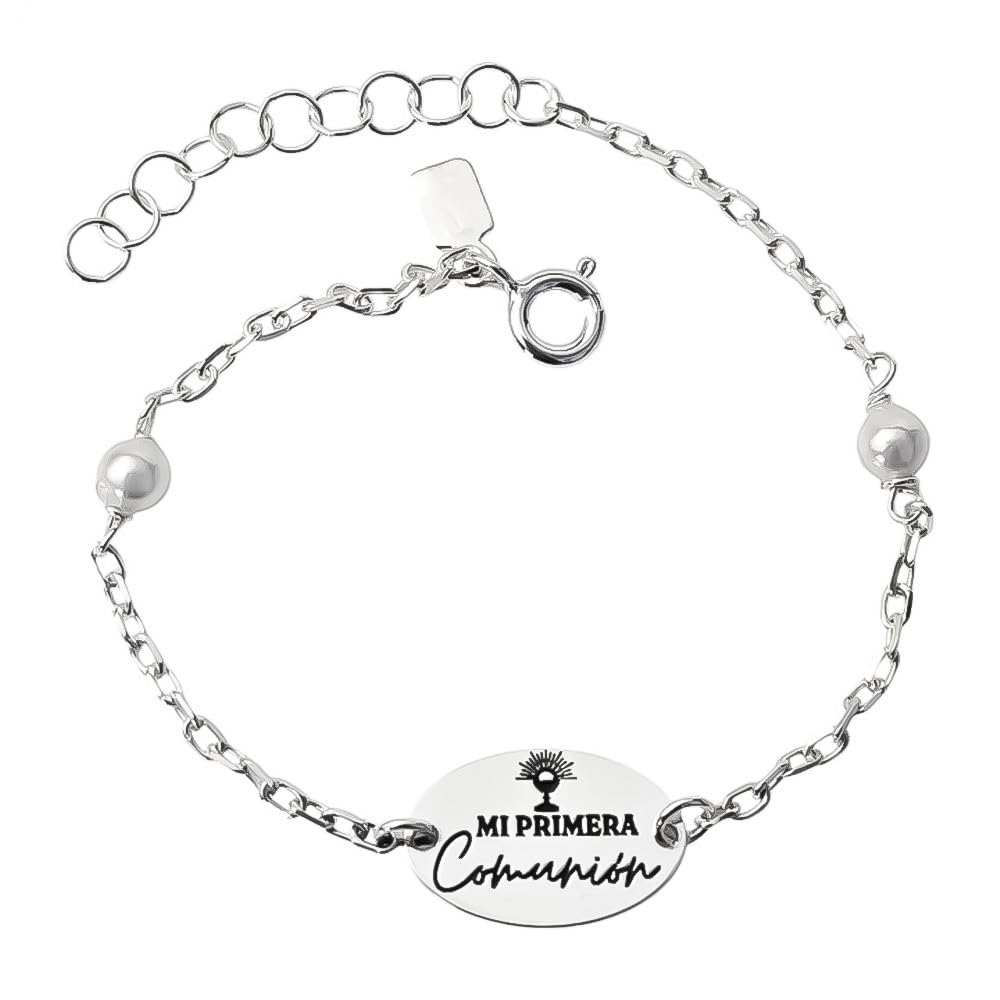 Bracciale in argento sterling 925m per bambina Prima Comunione 14,5 cm. Foglio da 15 mm. LA MIA PRIMA COMUNIONE Perline da 4mm.