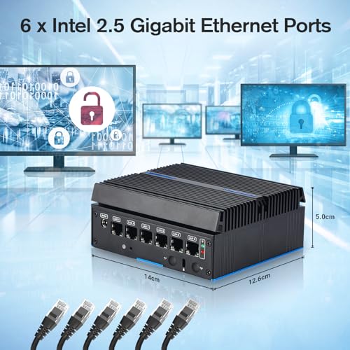 Sharevdi Lüfterloser Firewall-Mini-PC 6 x Intel LAN Ethernet (bis zu 2,5 GbE) Intel CORE 6006U, 8 GB DDR4 128 GB mSATA SSD Netzwerk-Gateway Soft-Router AES NI/HD/COM-Test mit PF-Sense/OPN-Sense