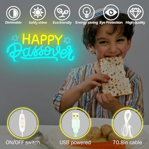 Image of Happy Passover Neon Sign Passover Decorations Led Sign Dimmable Pesach Neon Lights Pesaj Seder Neon Wall Decor for Jewish Holiday Party Home Table Decor