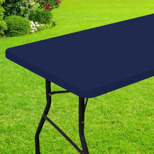 Smiry Rectangle Picnic Table Cloth, Waterproof Elastic Fitted Tablecloths for 6 Foot Tables, Washable Polyester Table Cover for Camping, Indoor and Outdoor (Navy, 36"x72") by Smiry - Used condition - US$10.80