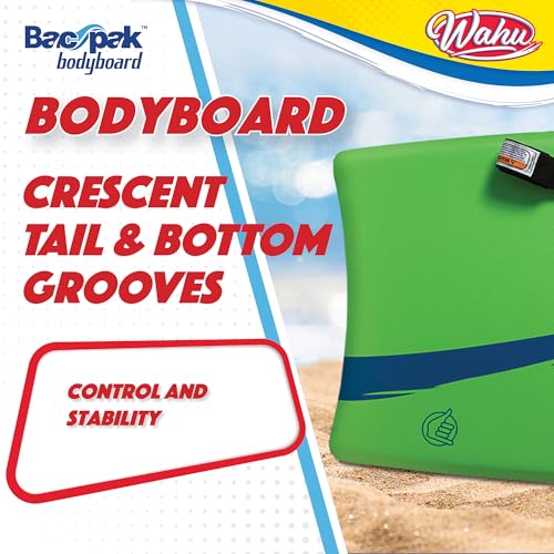 Wahu Bac Pak Bodyboard Pro with Leash, Crescent Tale, EPS Core, XPE Deck, and HDPE Slick Bottom, 41\" Lightweight Beach Body Board for Ages 10+, Green/Dark Blue