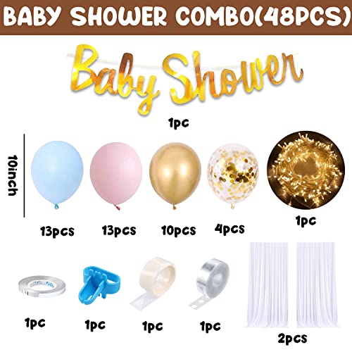 Image of Party Propz Baby Shower Decorations Kit - 48 Pcs Baby Shower Balloons Decoration Kit with Net Curtain, Fairy Lights & Banner, Mom To Be Decoration Items Set, Baby Decoration (Latex, Cardstock)