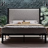 Allewie Queen Size Bed Frame with 47'' Tall Upholstered Headboard, High Metal Structure with 12'' Under-Bed Storage Space/Wood Slats Support/Easy Assembly/No Box Spring Need/Noise-Free/Grey