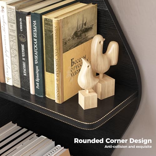Image of Evermagin 4 Tier Corner Shelf with Light, 64'' Tall Corner Bookshelf with Unique Shape, Stylish Wavy Bookcase Tower with Storage Organizer for Small Space, Living Room, Bedroom (Black)
