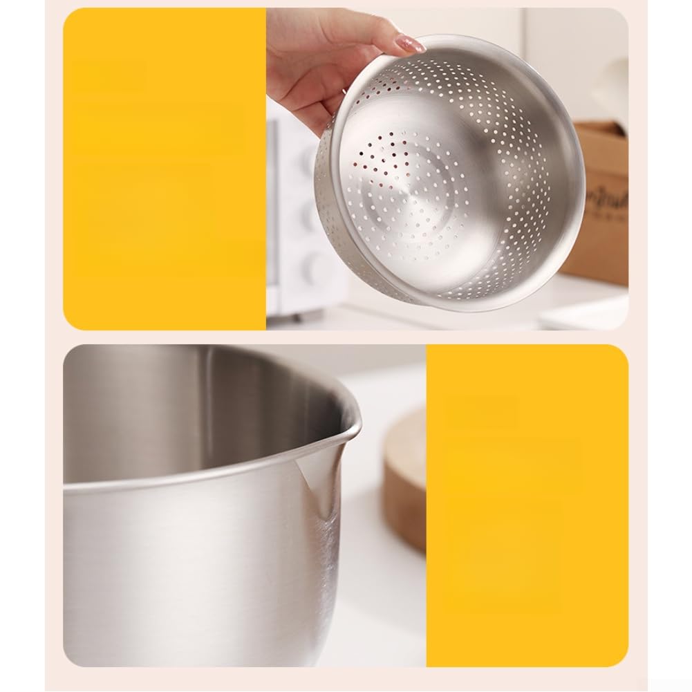 Set di 2 scolapasta e insalatiera in acciaio inox con funzione di scarico e contrassegni di volume, per cucina e preparazione dei pasti portatile (L)