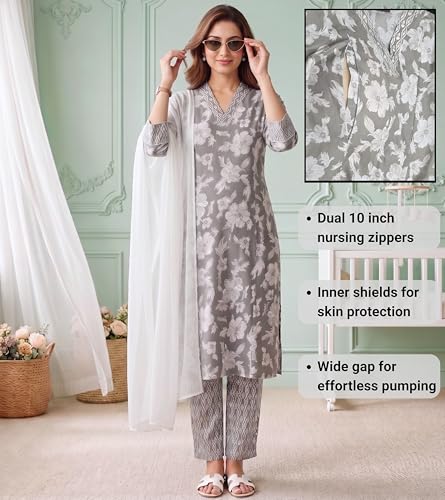 Image of DUMMY SHAPE Feeding Kurtis for Women Cotton Blend | Floral Kurta Pant Dupatta Set with Nursing Zippers to Pre & Post Partum | Maternity Dresses | Mom to Be Gifts for Pregnant Woman