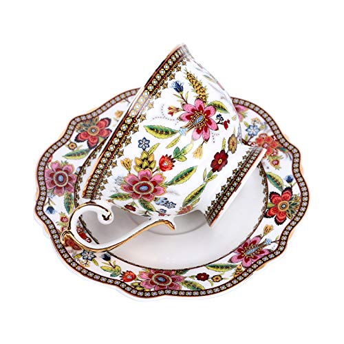 fanquare Vintage Taza de Té de Flores Rojas China de Hueso, Juego de Taza de Café y Platillo de Porcelana, 200ml Cover