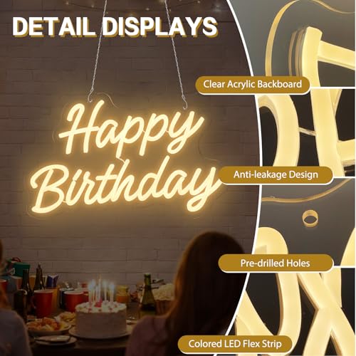 Image of Happy Birthday Neon Sign for Wall Decor - LED Happy Birthday Light Up Sign with Party Flags, USB Powered Dimmable Neon Word Light for Party Backdrop Cake Table, Warm White