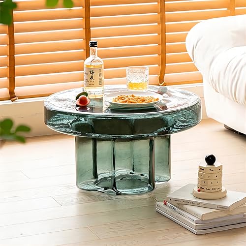 Image of Turq Glass Side Table for Living Room, 19.68 Inches x 12.59 Inches Round End Table with Tempered Glass Top