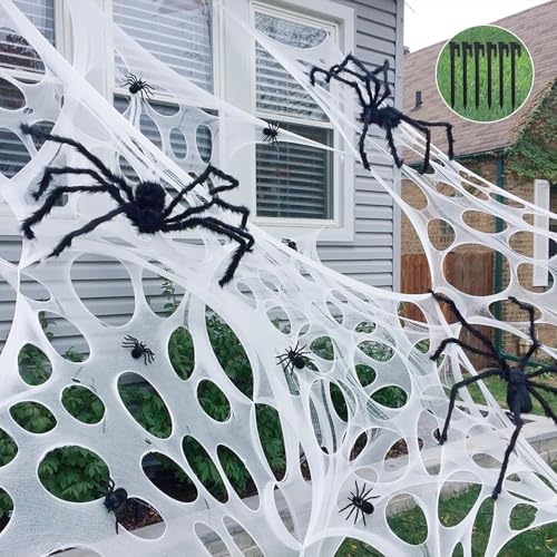 Runleo Giant Spider Webs Halloween Decorations Outdoor Pre-Cut Super Stretchy Beef Netting DIY Spider Webbing with Stakes Gauze Spiderwebs Cobwebs for Haunted House Yard Tree Party Indoor Decor