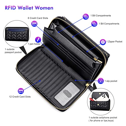 Image of nuoku Womens RFID Wallet Purse Wristlet Crossbody Clutch with Zip Around 2 Strap | RFID