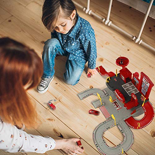 Fajiabao Fire Trucks Toy Garage Playset Race Track Cars Airplane Fireman Learning Toy Vehicle Indoor Party Games Family Assembly Parking Lot Station with Siren Lights Sounds for Kids - Thumbnail 3