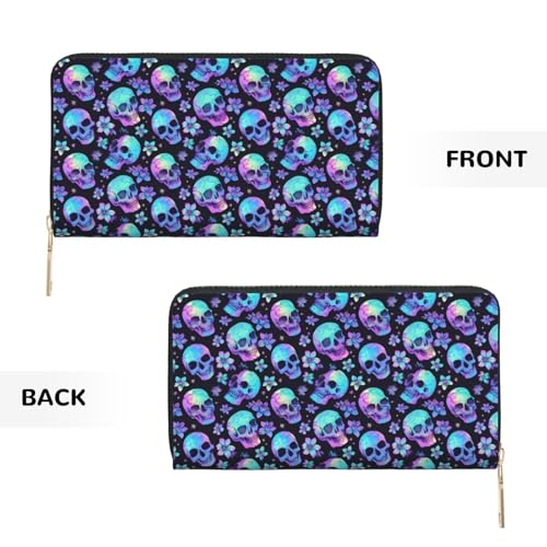 Skull Flower Tie Dye Print Wallet Women Men, Long PU Leather Wallets for Women, Cute Womens Travel Wallet Purse Pouch with Zipper Pocket2