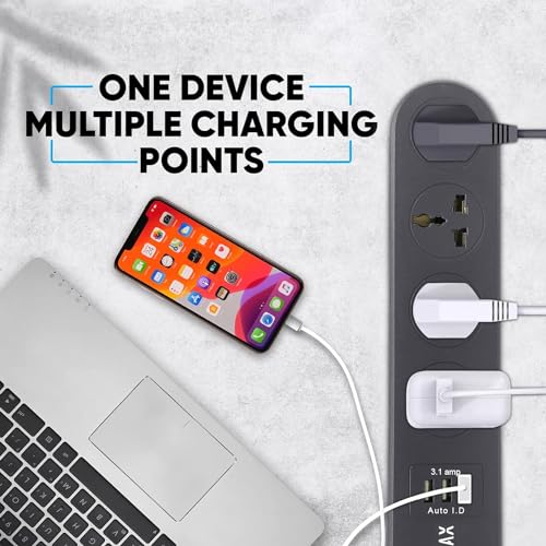 Image of ADDMAX Extension Cord with USB - 4 Socket Power Strip with 3 USB Ports | 3 Meter Heavy Duty Cord | 10A 220V Multi Plug Extension Board | Fire Flame Proof Surge Protector for Home & Office - Dark Grey