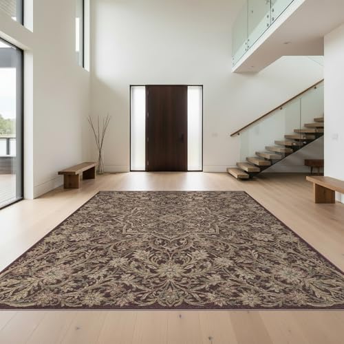 Design&I 8'x10' Easy Clean Traditional Medallion Massive Rug, Brown for King Size Bedroom, Master Suite, Under Bed, Sleek Flatweave Pet Friendly Built-in Grip Mat | 2117415