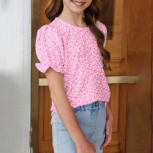 Girls Bohemian Shirts Puff Short Sleeve Cute T-Shirts Ruffle Boho Floral Crewneck Tee Causal Preppy Tunic Tops4