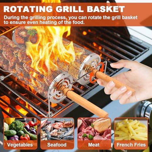 AROMUJOY 2 Stück Rollender Grillkorb Set, Zylindrischer Rotierender Grillkorb Edelstahl 304 mit Abnehmbarer Holzgriff und Halterung, GrillZubehör für Outdoor-Grill, Gemüse, Fleisch Garnelen