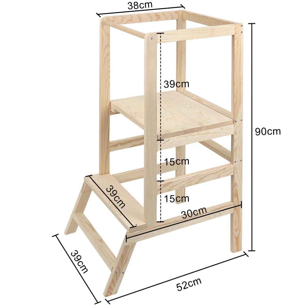 Montessori Lernturm aus Holz, platzsparend: Klappturm, Hocker für Kinder, faltbare Leiter für Kinder, mit Kippschutz, 90 x 52 x 39 cm, Originalfarbe