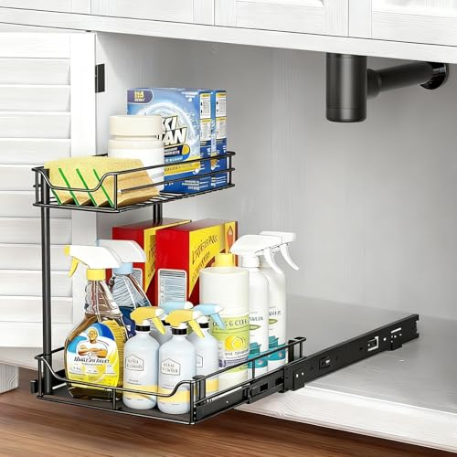 Under Sink Organizer, 2 Tier Pull Out Cabinet Organizer and Storage for Kitchen Fully Extendable Slide out, Heavy Duty Under Sink Storage for Bathroom Laundry Kitchen Pantry Closet (Black Large Size)
