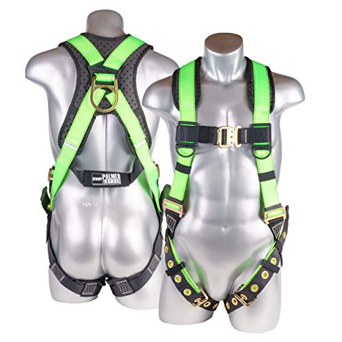 Palmer Safety ATERET Fall Protection 5pt Safety Harness, Dorsal D-ring, Quick-Connect Buckle, Grommet Legs, Sewn in Back Pad I OSHA ANSI Compliant Personal Equipment (Hi Vis Green - Universal)