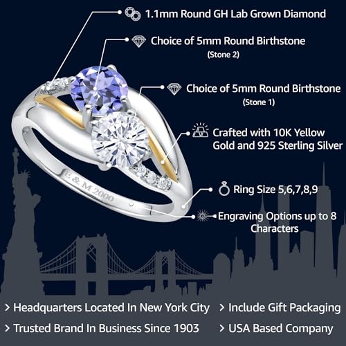 Gem Stone King 925 Sterling Silver and 10k Yellow Gold Customized and Personalized 5MM Round Gemstone Birthstone and White Lab Grown Diamond 2 Stone Name Engraved Ring For Women2