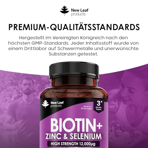 Biotin Hair Growth Vitamins 12,000mcg D-Biotin Tablets Enriched with Zinc & Selenium –Vegan Beauty Hair Skin & Nails Vitamins For Women and Men High Strength - 3 Months Supply UK Made - New Leaf