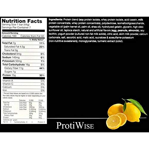 Protiwise - 15G Protein, Very Low Carb, Low Calorie, Low Fat, | 7/Box | High Fiber Snack Bar, Keto Diet Friendly, Gluten Free (Lemon Cream) #TOP1
